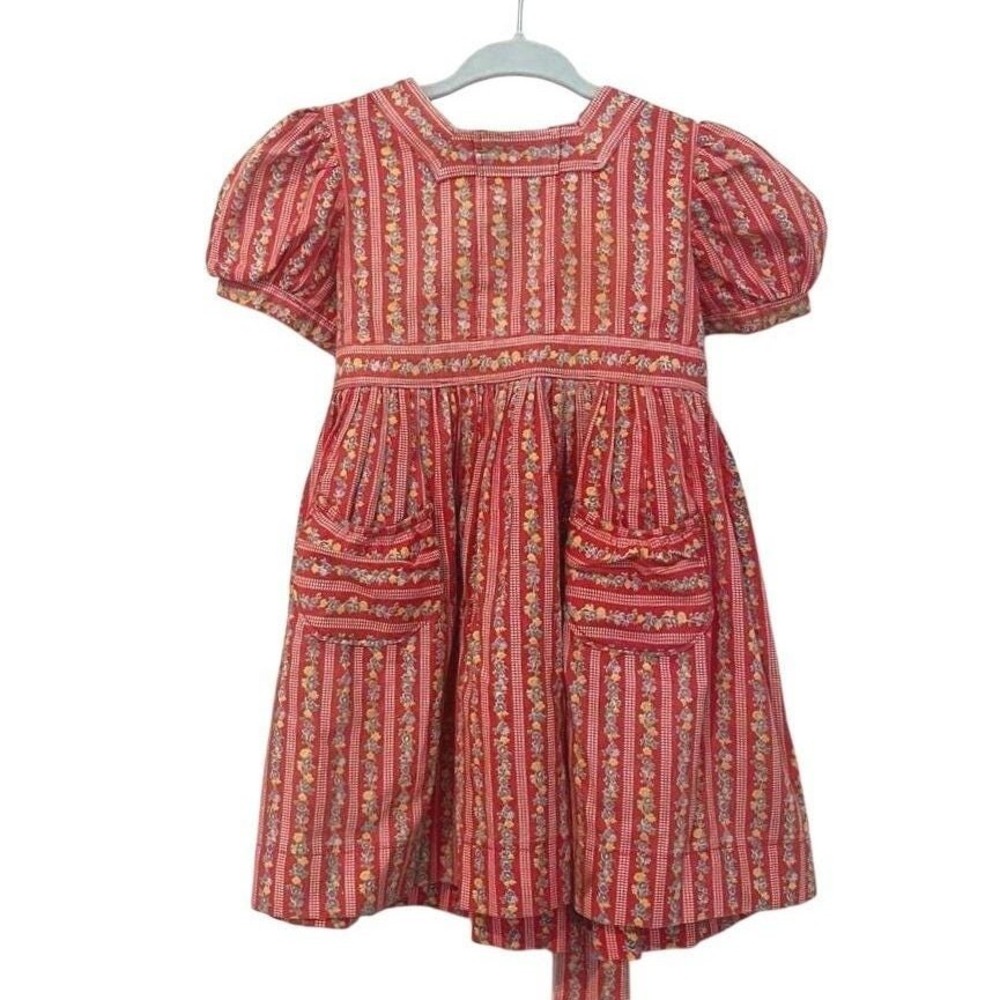 Vintage Handmade Red Floral Puff Sleeve Summer Dress Toddler 2/3T Cottagecore
